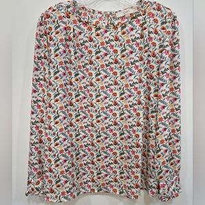 LOFT Women's White Pink Floral Blouse Shirt Long Sleeve Ruffle LP Cottagecore